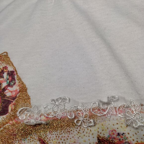 Vintage Precious Knits Shirt Small White Lace Gold Glitter Bird Roses Grannycore - Picture 13 of 16